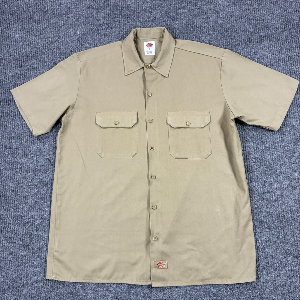 Dickies Mens L Khaki Short Sleeve Work Shirt Button Up Double Pocket Workwear